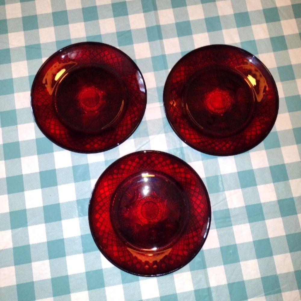 (3) Luminarc Plates France Ruby Red 8" Luncheon Salad Dessert Glass BRAND NEW